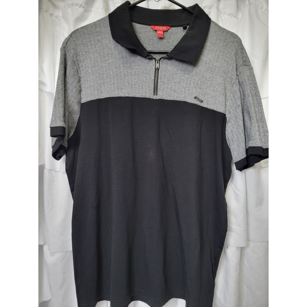 Guess Los Angeles Mens Large Polo Shirt Herringbone Quarter Zip Black Grey 213